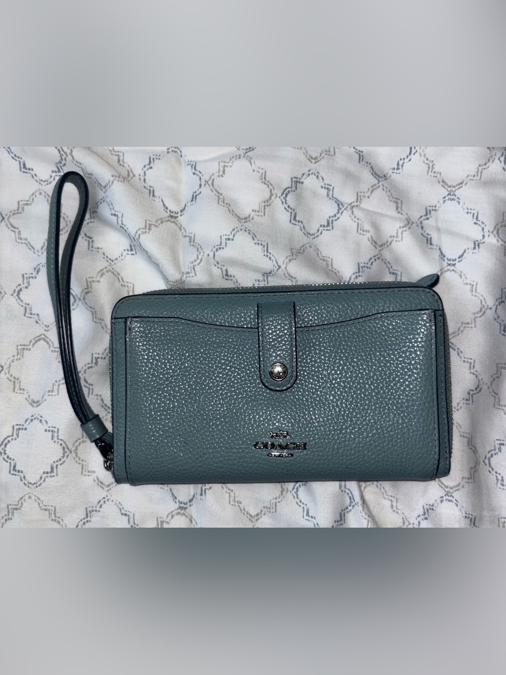 Coach Teal Blue Leather Wristlet Wallet with Strap